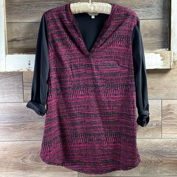 Coral Bay Ladies Vneck Pullover Blouse Top, Suze Small, Dark Red and Black - Picture 2 of 9